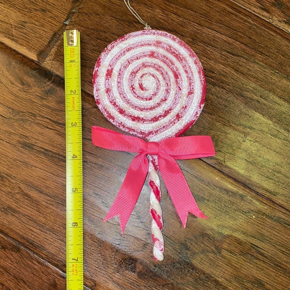 Pink & White swirl lollipop Holiday Christmas Tree ornament glitter & bow 7x3.5” - Picture 3 of 9
